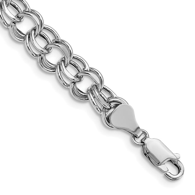 14k White Gold Hollow Double Link 7. Charm Bracelet, 7.25 x 7.5mm
