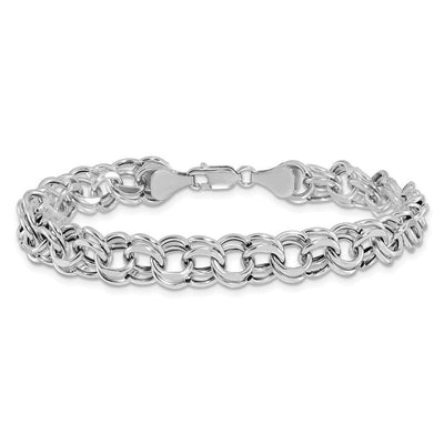 14K White Gold Hollow Double Link Charm Bracelet, 7.25 x 8mm