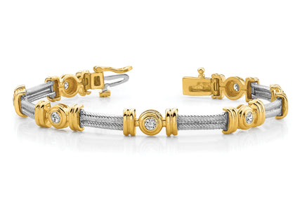 14k Two-tone Complete 1.4 carat Round A Diamond Bezel and Twisted Bar Bracelet