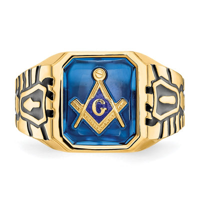 14K Men's Polished, Antiqued and Grooved with Imitation Blue Spinel Masonic Ring
