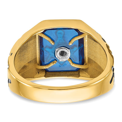 14K Men's Polished, Antiqued and Grooved with Imitation Blue Spinel Masonic Ring