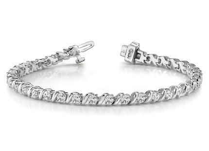 14k White Gold Holds 2 carat 44- Round Diamond Swirled 2-prong Tennis Bracelet Mounting
