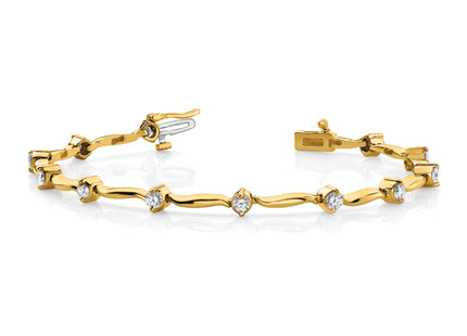 14k Complete 1 Carat Round Diamond 2-Prong Wavy Bar Link Tennis Bracelet