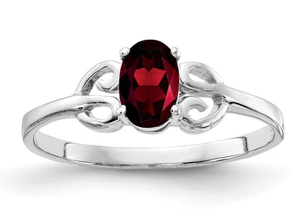 14K White Gold 6x4mm Oval Garnet Scroll Ring