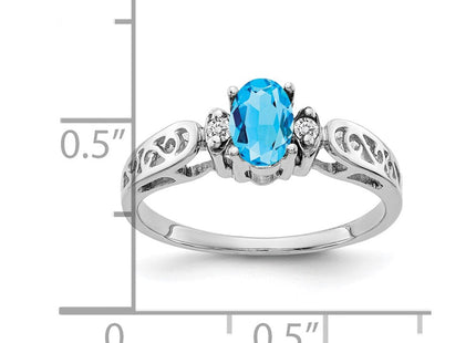 14K White Gold 6x4mm Oval Blue Topaz and AAA Diamond Filigree Ring, view 3