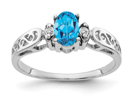 14K White Gold 6x4mm Oval Blue Topaz and AAA Diamond Filigree Ring