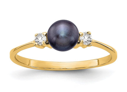 14K 5mm Black Freshwater Cultured Pearl and 1/15 carat AAA Diamond Ring
