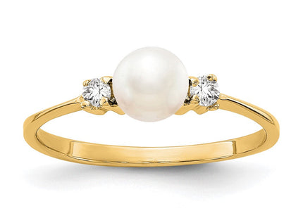 14K 5mm White Freshwater Cultured Pearl and 1/15 carat AAA Diamond Ring