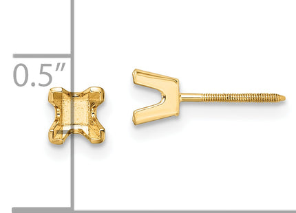 14k Princess-cut Stud Earring Mountings, 3.75 x 3.75mm