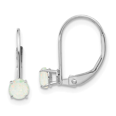 14K White Gold Round October/Opal Leverback Earrings