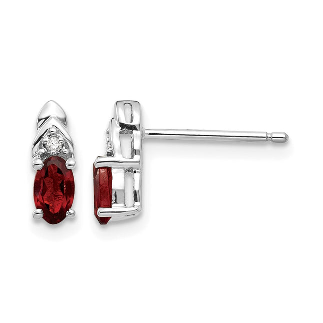 14k White Gold Garnet and Diamond Post Earrings, 9 x 4mm