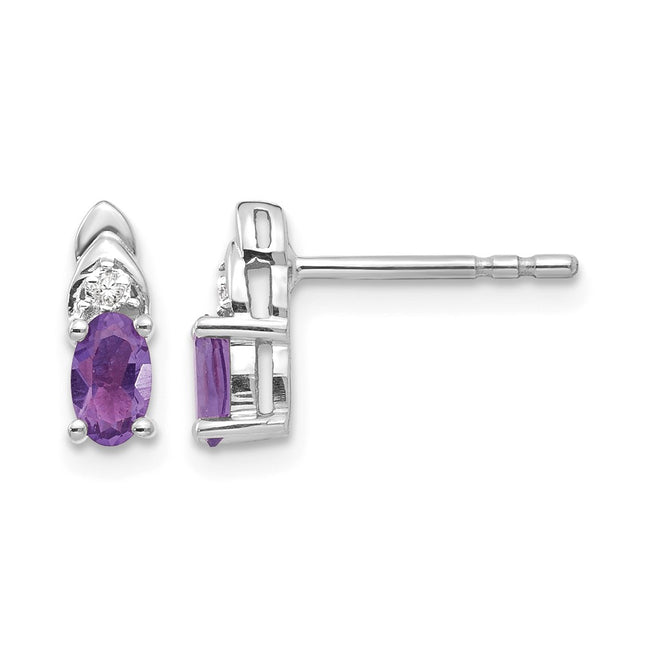 14k White Gold Amethyst and Diamond Post Earrings, 9 x 4mm