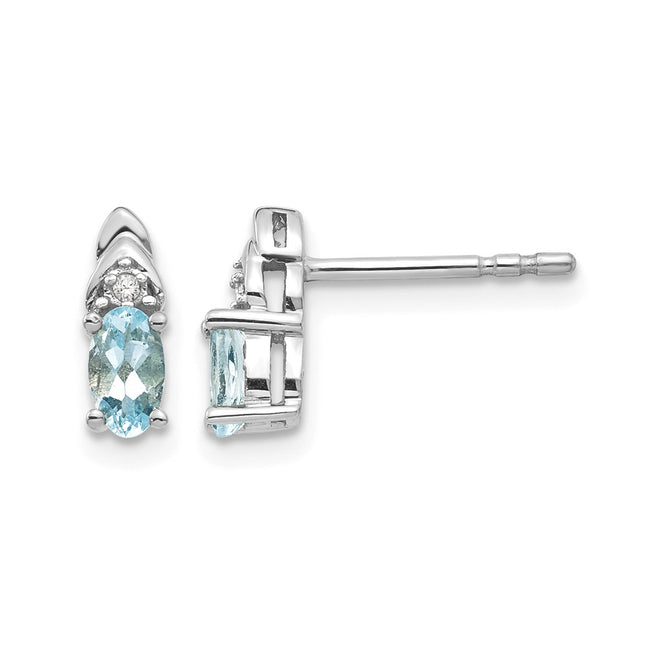 14k White Gold Aquamarine and Diamond Post Earrings, 9 x 4mm