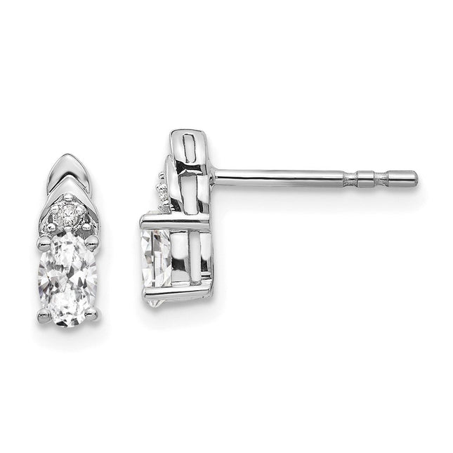 14k White Gold White Topaz and Diamond Post Earrings, 9 x 4mm