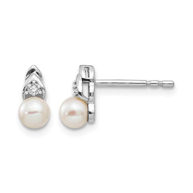 14k White Gold FW Cultured Pearl and Diamond Post Earrings, 9 x 4mm