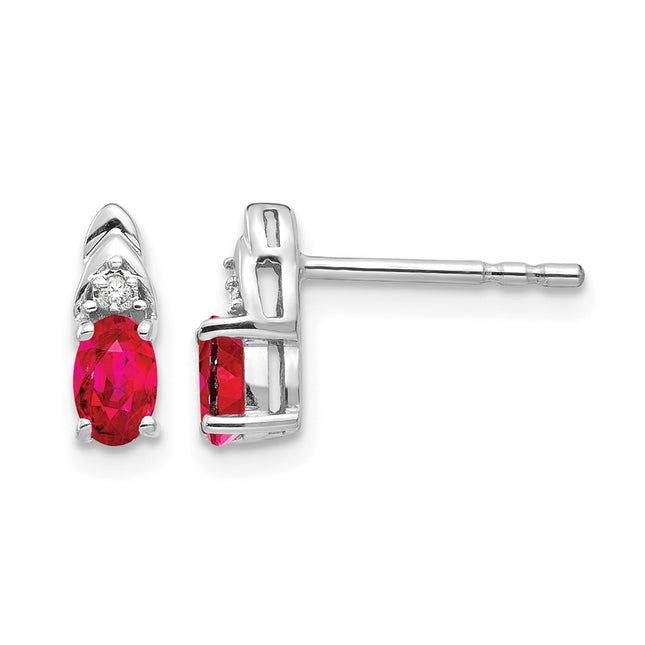 14k White Gold Ruby and Diamond Post Earrings, 9 x 4mm