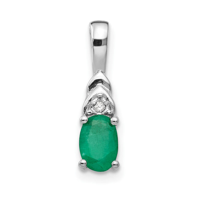14k White Gold Emerald and Diamond Pendant, 16 x 4mm