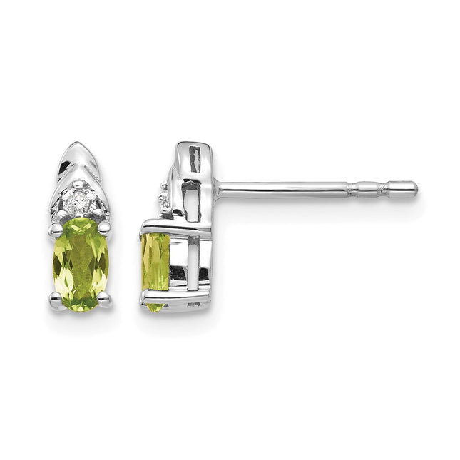 14k White Gold Peridot and Diamond Post Earrings, 9 x 4mm