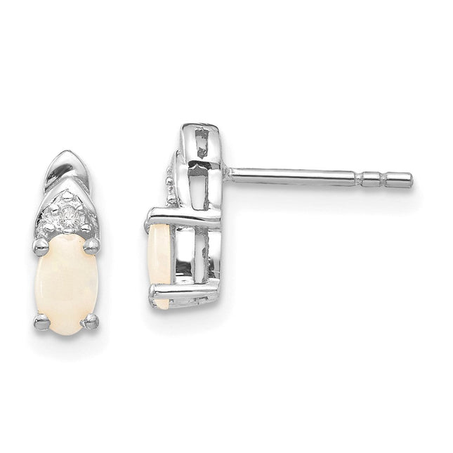 14k White Gold Opal and Diamond Post Earrings, 9 x 4mm
