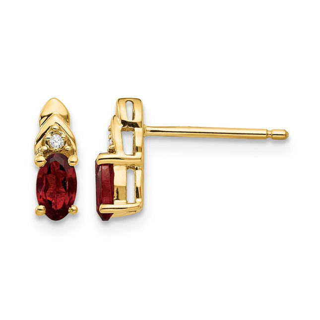 14k Garnet and Diamond Earrings, 9 x 4mm