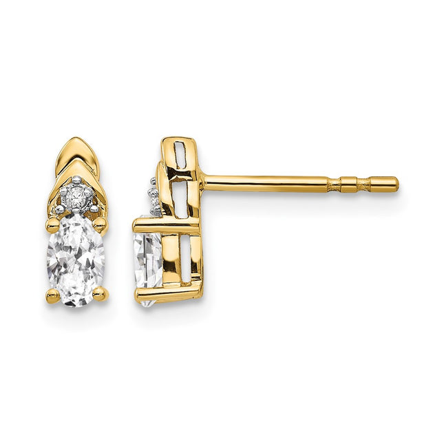 14K White Topaz and Diamond Earrings, 9 x 4mm