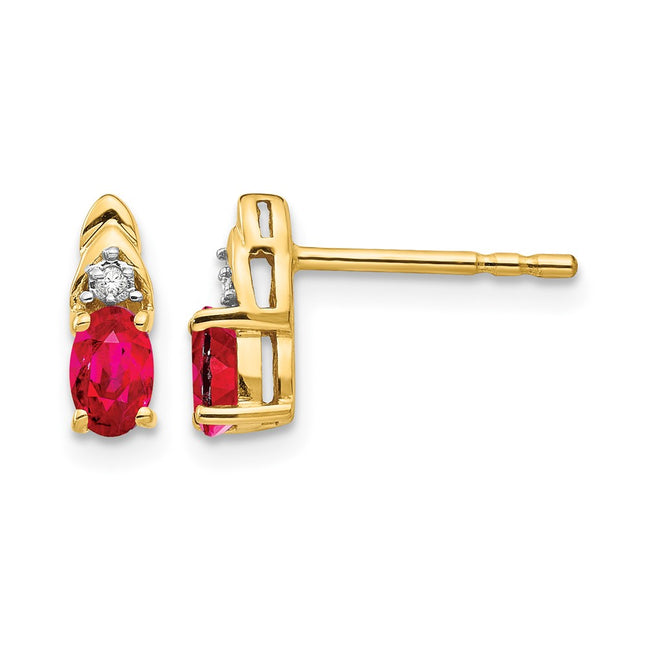 14k Ruby and Diamond Earrings, 9 x 4mm