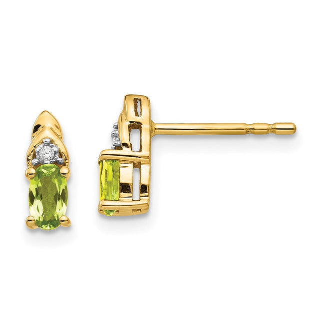 14k Peridot and Diamond Earrings, 9 x 4mm