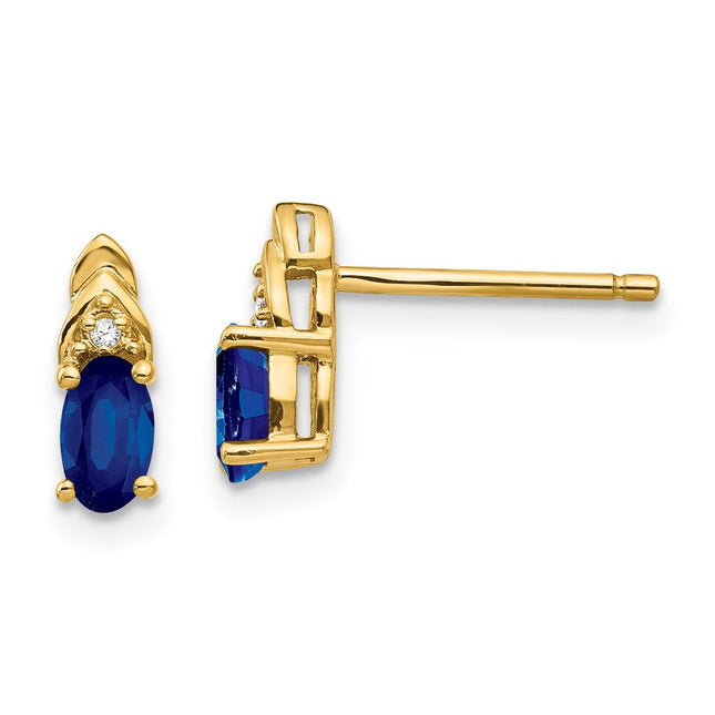 14k Sapphire and Diamond Earrings, 9 x 4mm