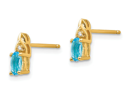 14K Blue Topaz and Diamond Earrings, 9 x 4mm