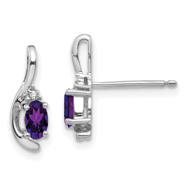 14k White Gold Amethyst and Diamond Post Earrings, 14 x 5mm