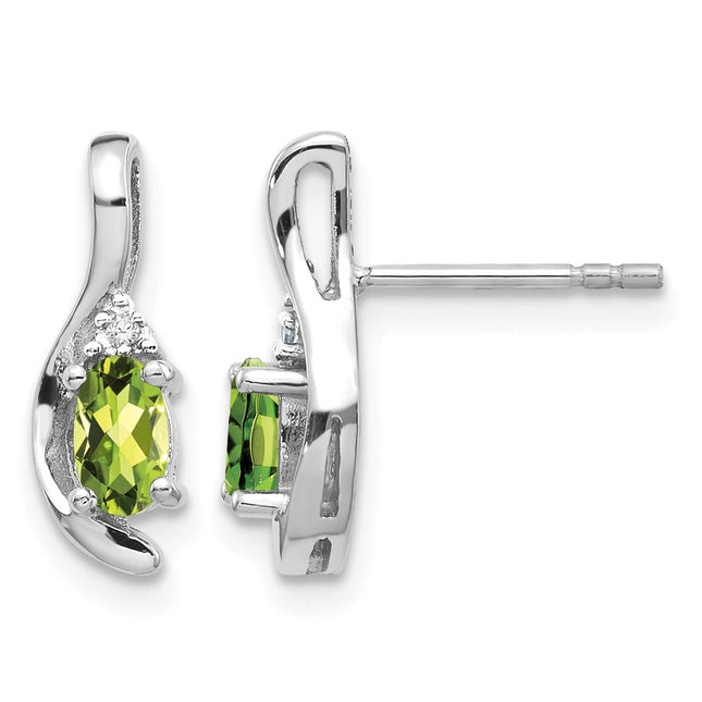 14k White Gold Peridot and Diamond Post Earrings, 14 x 5mm