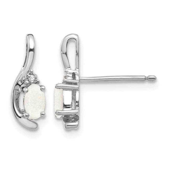 14k White Gold Opal and Diamond Post Earrings, 14 x 5mm