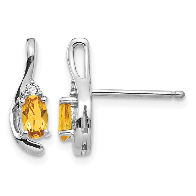14k White Gold Citrine and Diamond Post Earrings, 14 x 5mm