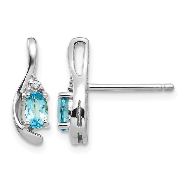 14k White Gold Blue Topaz and Diamond Post Earrings, 14 x 5mm