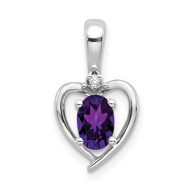 14k White Gold Amethyst and Diamond Heart Pendant, 17 x 10mm