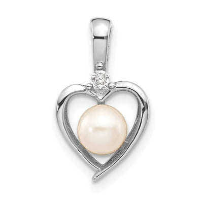 14K White Gold FW Cultured Pearl and Diamond Heart Pendant