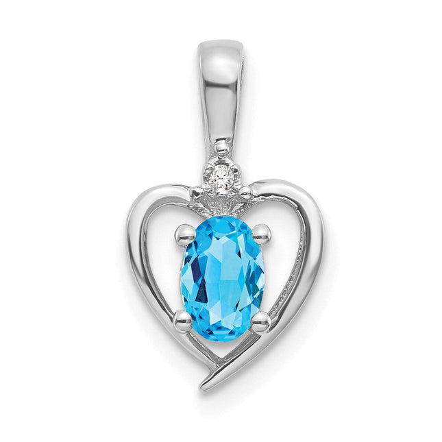 14k White Gold Blue Topaz and Diamond Heart Pendant, 17 x 10mm