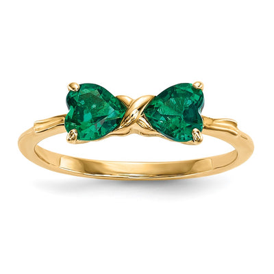14K Gold Polished Created Emerald Bow Ring
