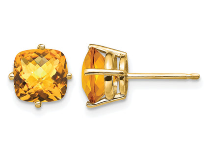 14k Cushion Citrine Checker earring, 8 x 8mm