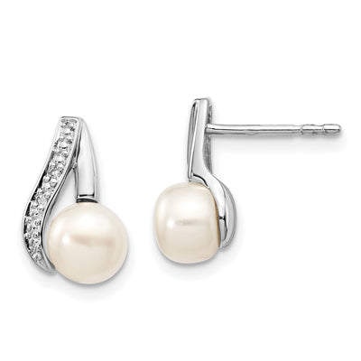 14K White Gold Button FWC Pearl . Diamond Post Earrings