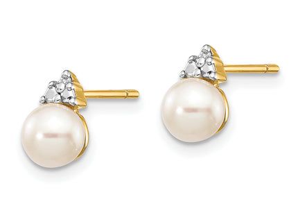 14k 5- White Round FWC Pearl . Diamond Post Earrings