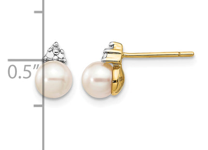 14k 5- White Round FWC Pearl . Diamond Post Earrings