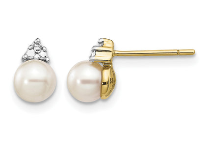 14k 5- White Round FWC Pearl . Diamond Post Earrings