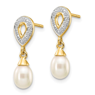 14K White Teardrop Fwc Pearl . Diamond Dangle Earrings, 19 x 5mm