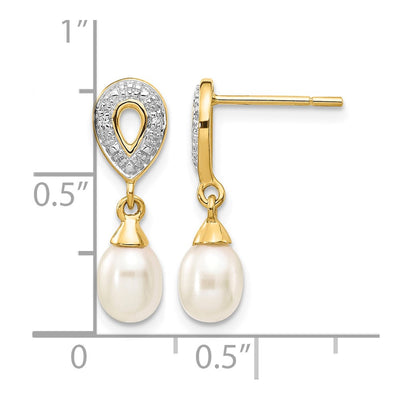 14K White Teardrop Fwc Pearl . Diamond Dangle Earrings, 19 x 5mm