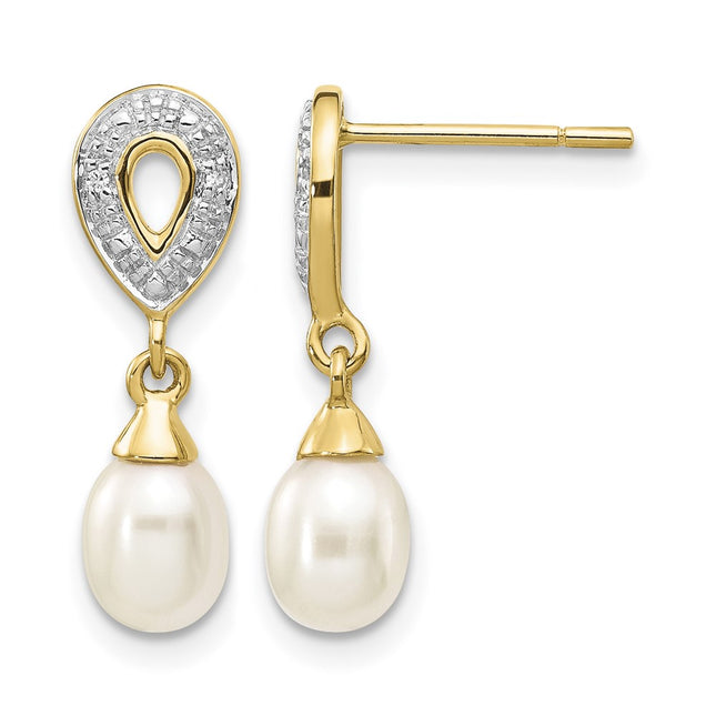 14k White Teardrop Fwc Pearl . Diamond Dangle Earrings, 19 x 5mm