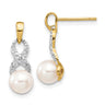 14k 6- White Round FWC Pearl .01 Diamond Dangle Earrings