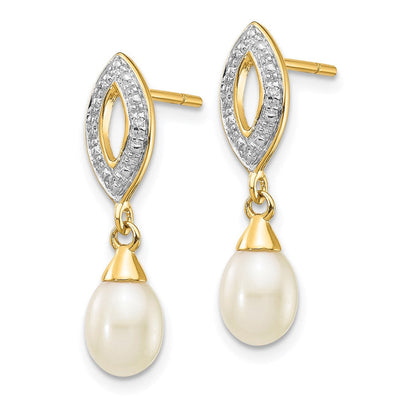 14K White Teardrop Fwc Pearl . Diamond Dangle Earrings, 22 x 6mm