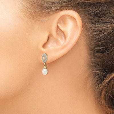 14K White Teardrop Fwc Pearl . Diamond Dangle Earrings, 22 x 6mm