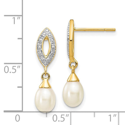 14K White Teardrop Fwc Pearl . Diamond Dangle Earrings, 22 x 6mm